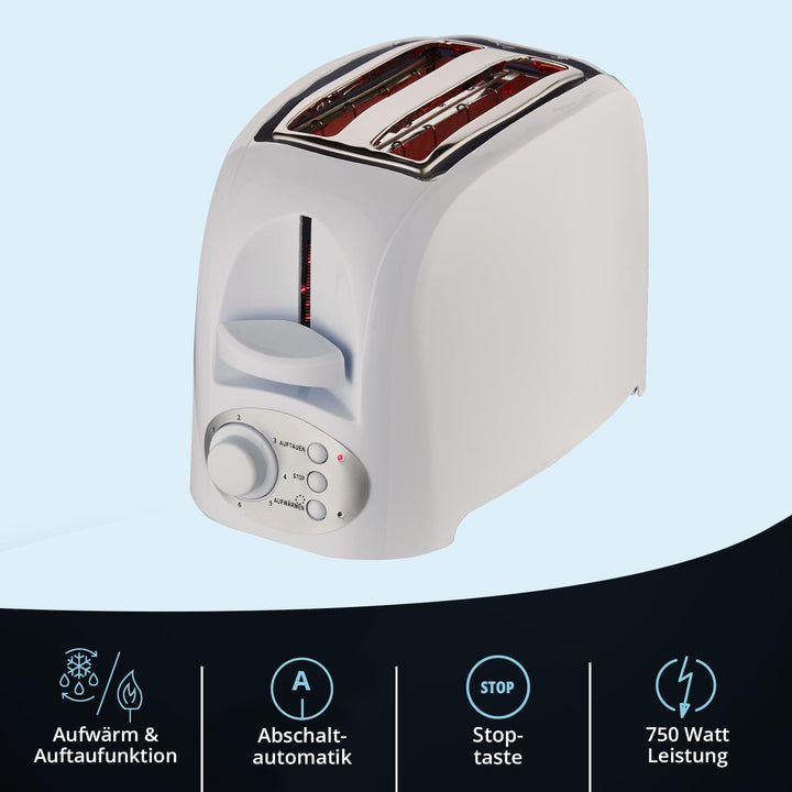 KHG Toaster TO-755 W | Toaster 2 Scheiben Weiss 750 W | mit Brötchenaufsatz, 7 Bräunungsstufen mit B