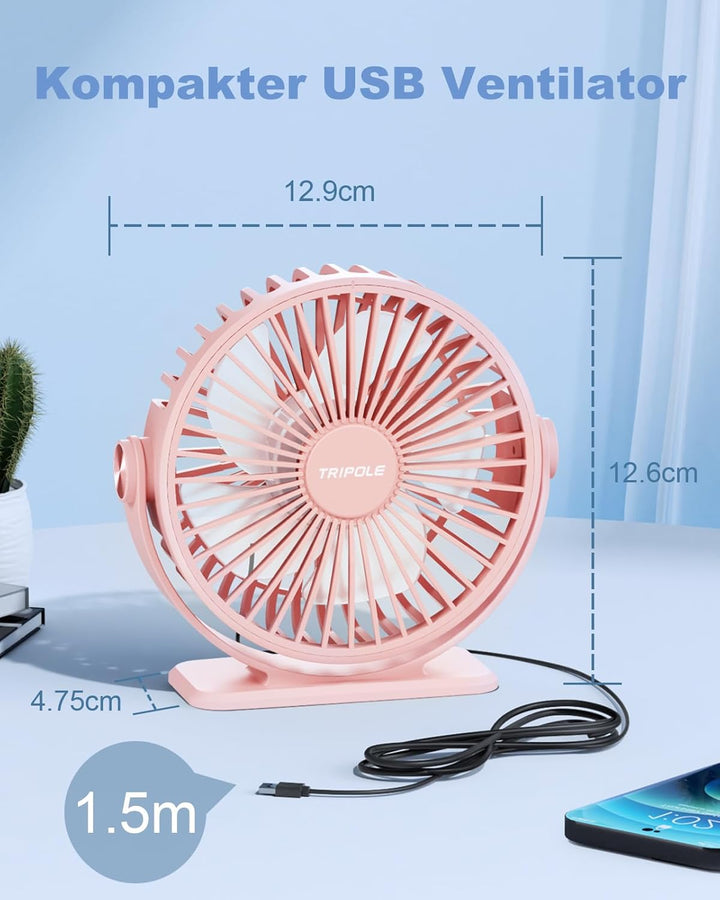 TriPole Mini Ventilator mit 3 Gang, USB Tischventilator Leistungsstark, 360° Neigung, Tragbar für Bü