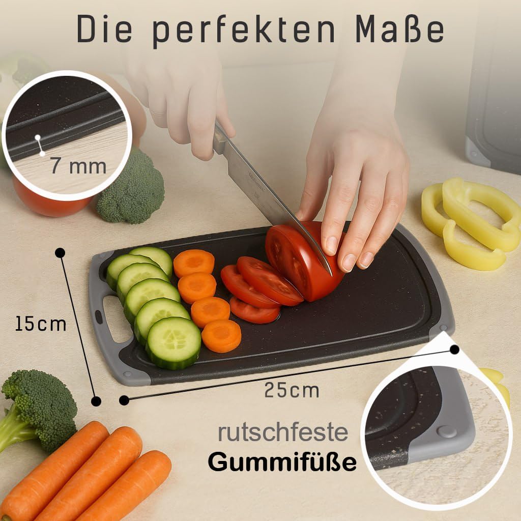 Frühstücksbrettchen 6er Set + 1 Brettchen, 25 x 15 cm, Schneidebrett Set, beidseitig, rutschfest mit