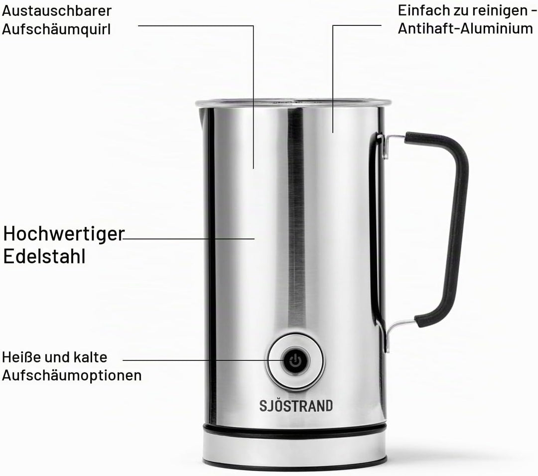Sjöstrand Coffee Elektrischer Milchaufschäumer - Edelstahl, Für Heisse &amp; Kalte Milch, Antihaftbeschi