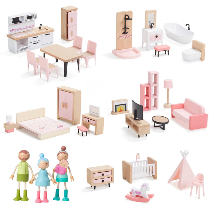 Giant bean Puppenhaus Möbel Set aus Holz, 36 Teilig, Puppenhaus Zubehör, Spielmöbel, Spielzeug für J