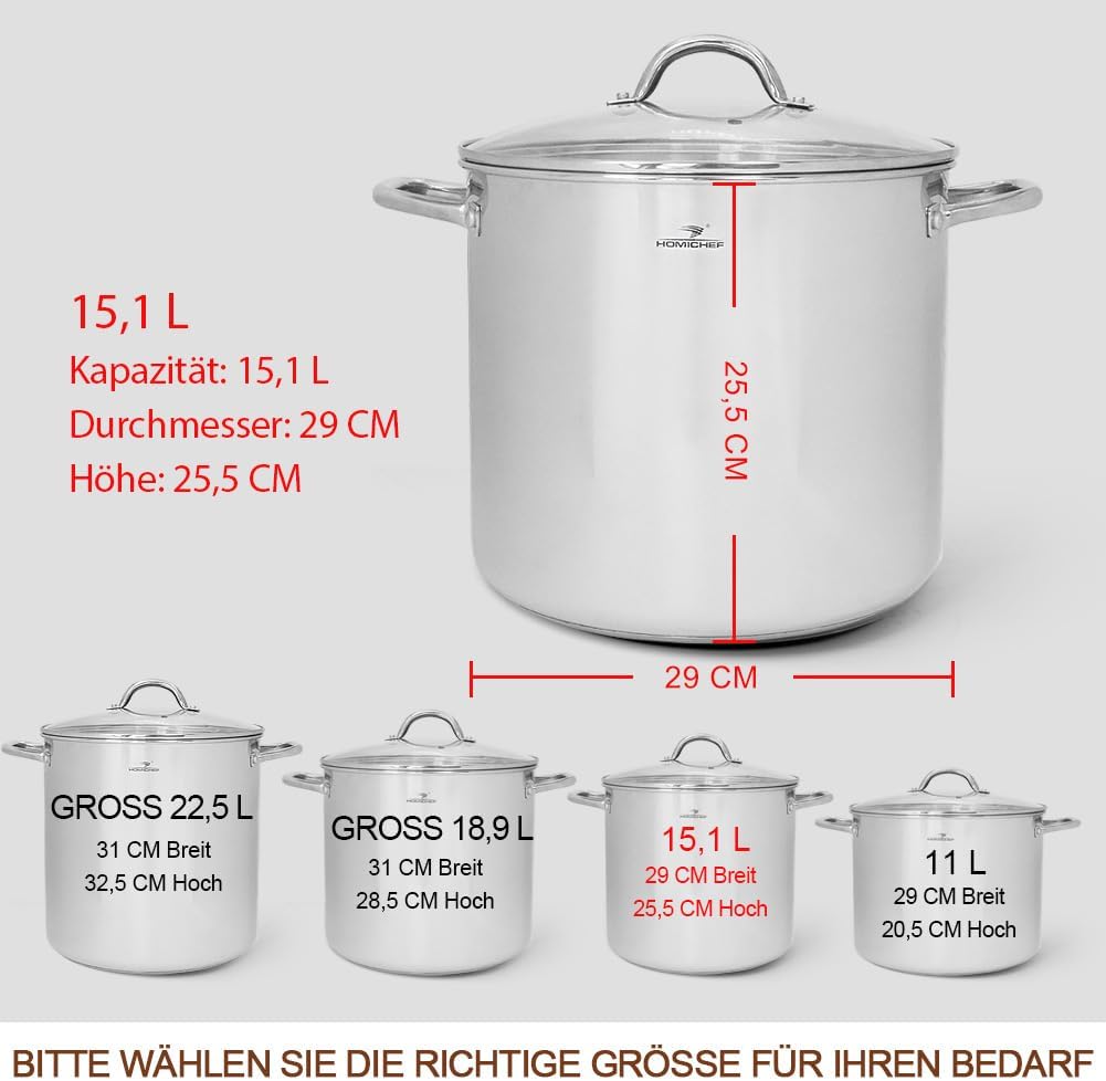 HOMICHEF Grosser Suppentopf aus nickelfreiem Edelstahl (29 cm, 15,1 L) – Hochglanzpolierter Suppento