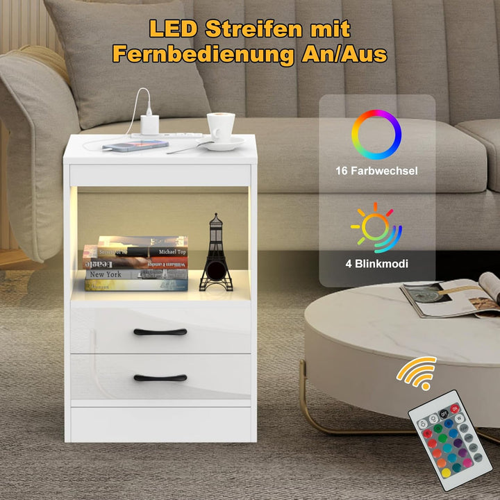 Lvhecforhm Nachttisch mit Steckdosen, Nachttisch Weiss Einstellbares Licht, Nachttische mit 2 Schubl