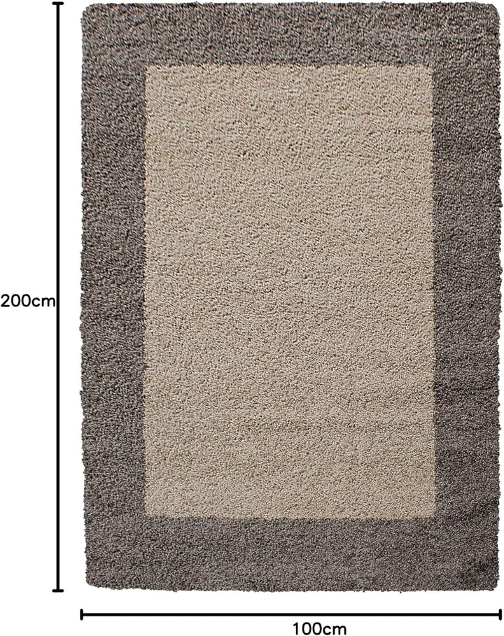 HomebyHome Teppich Wohnzinmer Shaggy Hochflor Taupe Läufer 100x200 cm Bordüre Design - Flauschiger T