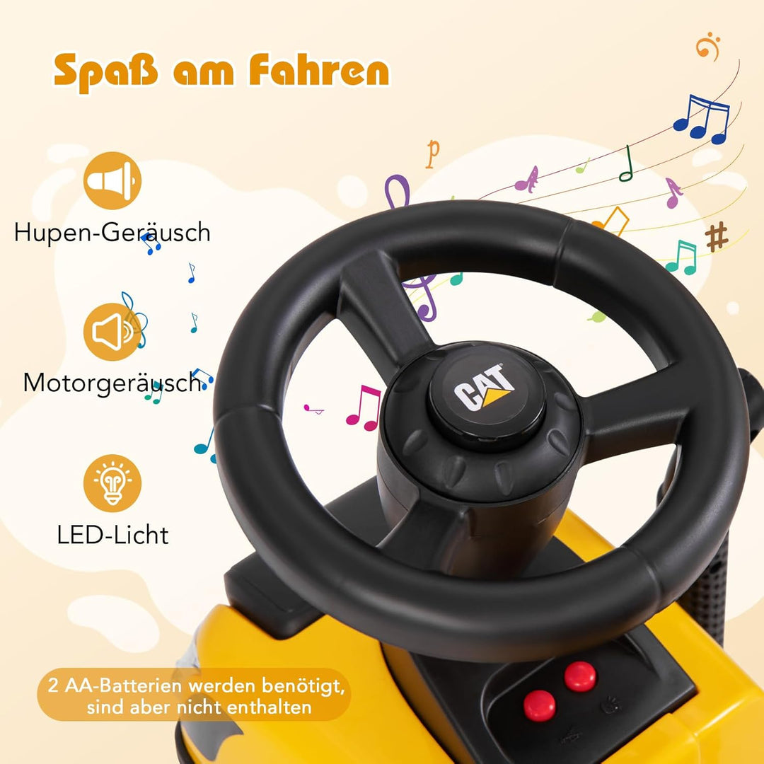DREAMADE Kinder Rutschtraktor mit Abnehmbarem Anhänger, Hupe, LED-Lichtern, Rechen & Schaufel - Ruts
