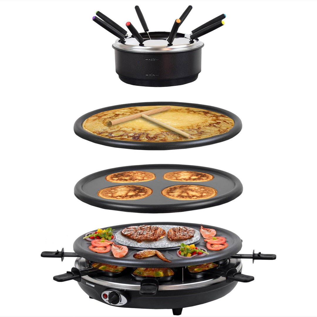 Syntrox Germany RAC-1350W-Waadt 4 in 1 Raclette Grill Fondue Heisser Stein für 8 Personen, Edelstahl