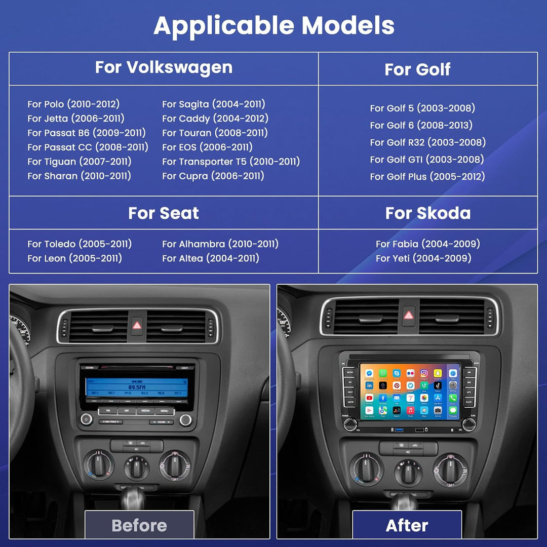 Hikity 1+32GB Autoradio Navi Für VW Passat Golf MK5 MK6 Caddy Polo T-Ouran Seat,7 Zoll Touchscreen A