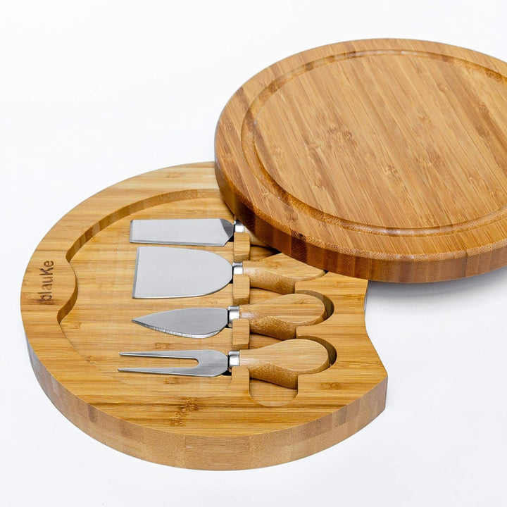 Bambus Käsebrett mit Käsemesser Set – 25cm Rund Servierplatte aus Holz für Käse und Häppchen – Chees