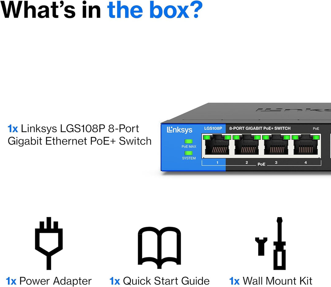 Linksys LGS108P-EU 8-Port Unmanaged Gigabit-Netzwerk-PoE-Switch mit 4 PoE+-Ports, Ethernet-Switch –