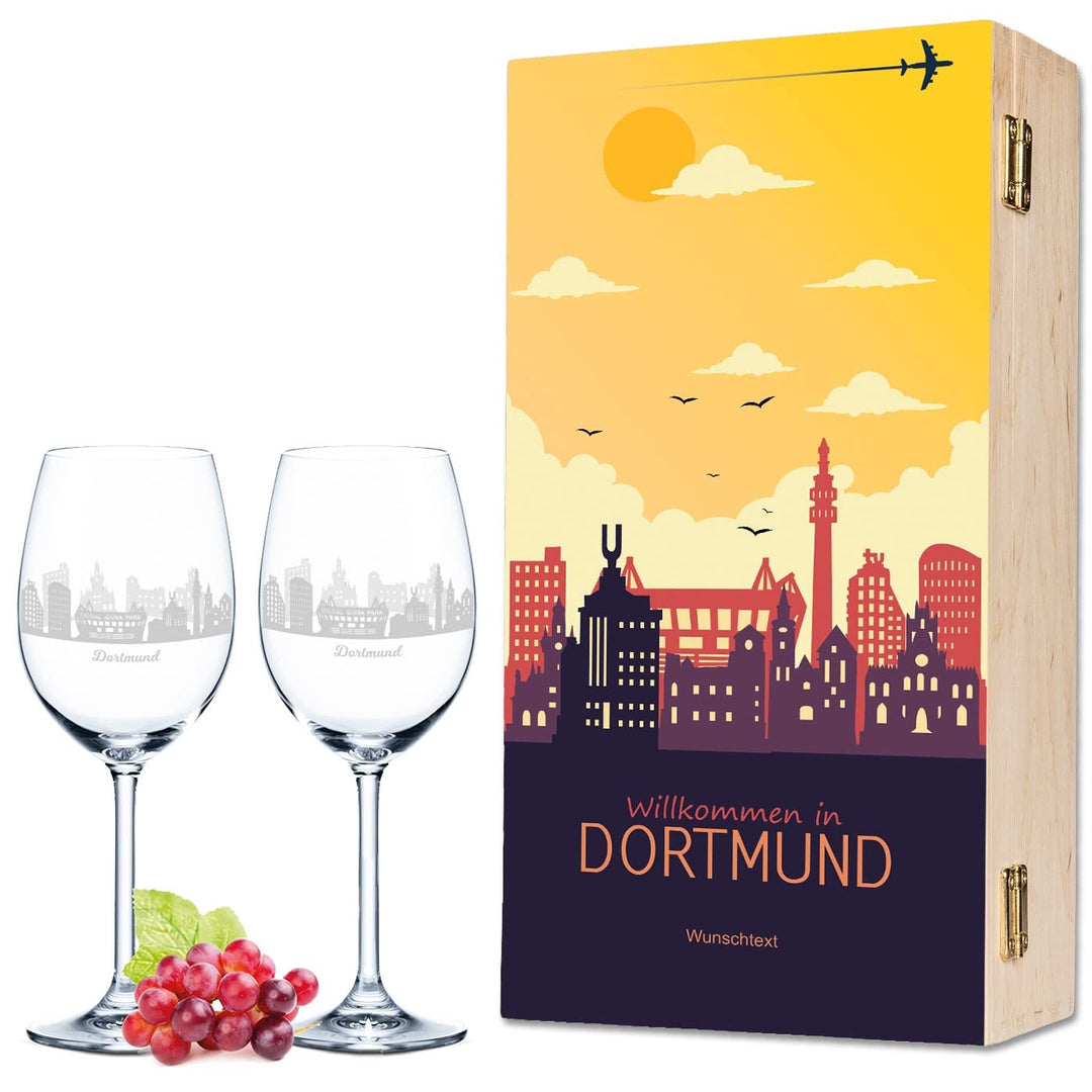 Leonardo Weingläser mit Gravur - Skyline Dortmund als Set - Personalisiert mit Wunschtext inkl. bedr