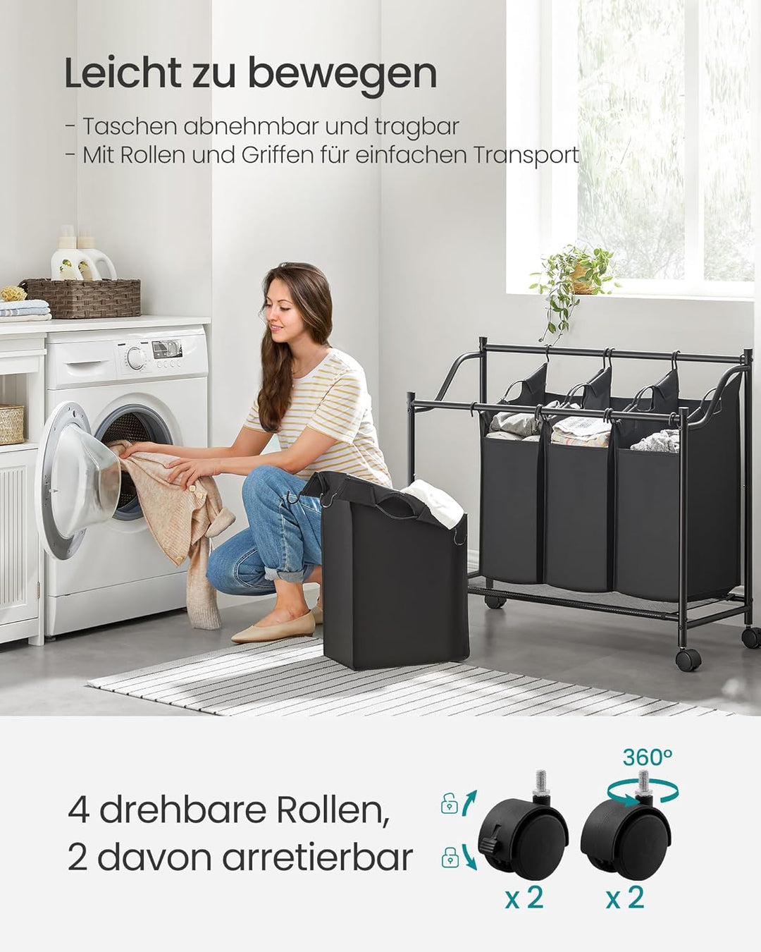 SONGMICS Wäschekorb, Wäschesammler, Wäschesortierer mit 4 abnehmbaren Stofftaschen, Rollen, Aufbewah