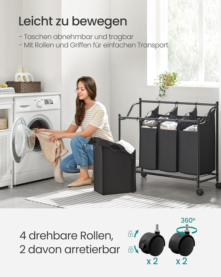SONGMICS Wäschekorb, Wäschesammler, Wäschesortierer mit 4 abnehmbaren Stofftaschen, Rollen, Aufbewah