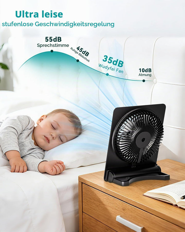 Klein Tischventilator,Leise Ventilator Akku 180°Einstellbar Tragbarer LED Anzeige Fan Für Büro Bibli
