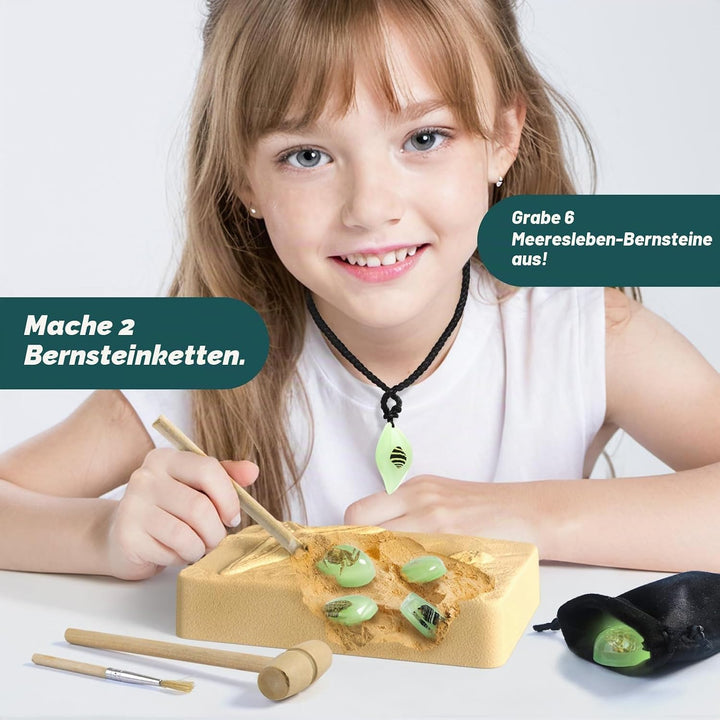 Bernstein Ausgrabungsset für Kinder ab 6, Ausgrabungsset für Kinder Amber Meerestiere mit echten Mee