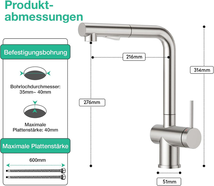 Faustina Einhebelmischer Küchenarmatur mit Brause Ausziehbar, Mischbatterie Spültischarmatur Armatur