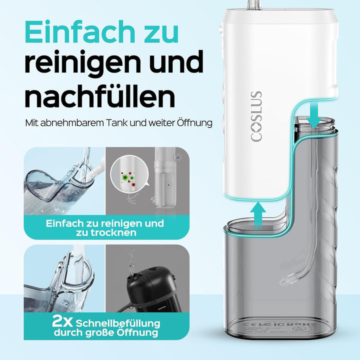 COSLUS Mini Elektrische Munddusche für Unterwegs: 4 Modi Kompaktes Design Abnehmbarer Wassertank für