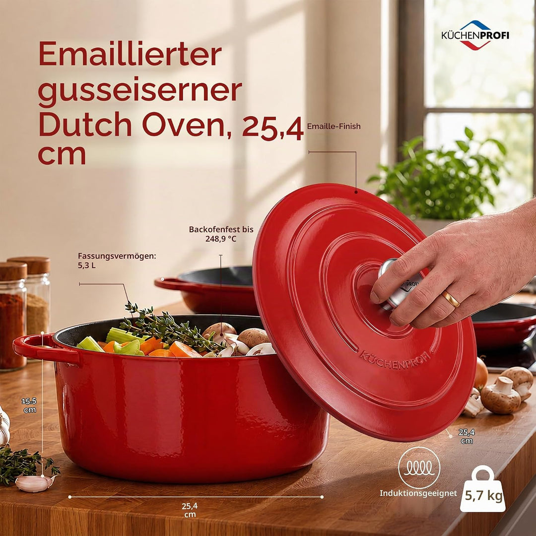 Küchenprofi Gusseisen Bräter mit Deckel, rot/innen schwarz , 26 cm, Schmortopf, Auflaufform, Dutch O