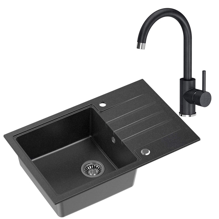 VBChome Spüle mit Armatur 78 x 50 cm Tiefes Becken 20cm Schwarz Küche Grosse Abtropfflache Unterschr