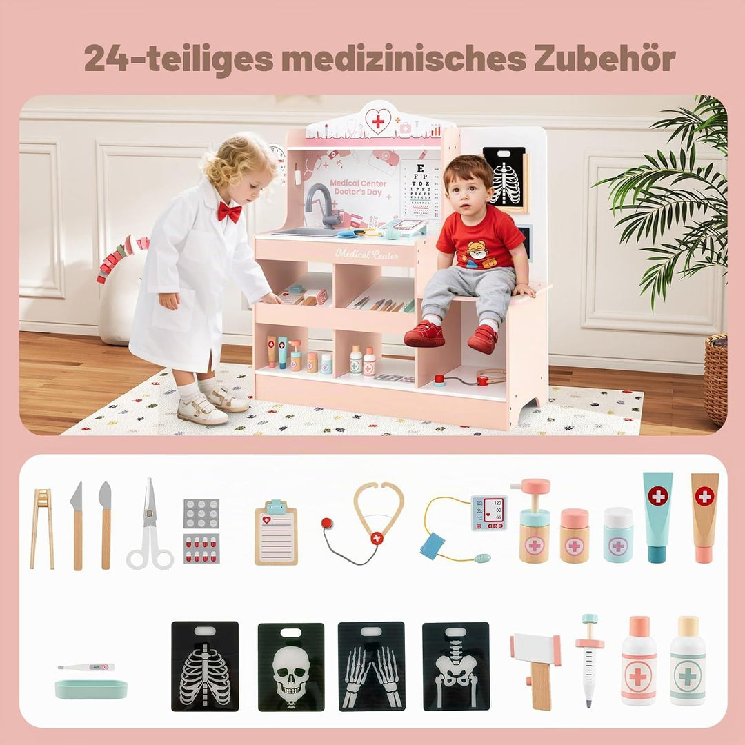 HOMASIS Arzt-Set aus Holz, Arzt-Set für Kinder mit Waschbecken, Sichtprüfung, Elektrokardiogramm, Uh