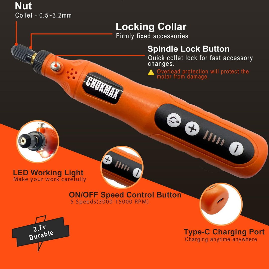 CHOKMAX Akku Multifunktionswerkzeug, 5-Gang-Schleifer-Kit mit 72 Zubehörteilen und Front-LED-Licht,