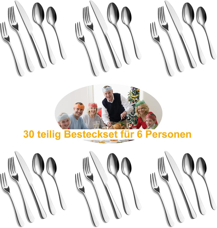 BEWOS Besteck Set für 6 Personen, 30 teilig Essbesteck Set inkl. Messer, Gabel, Löffel, Besteck Edel