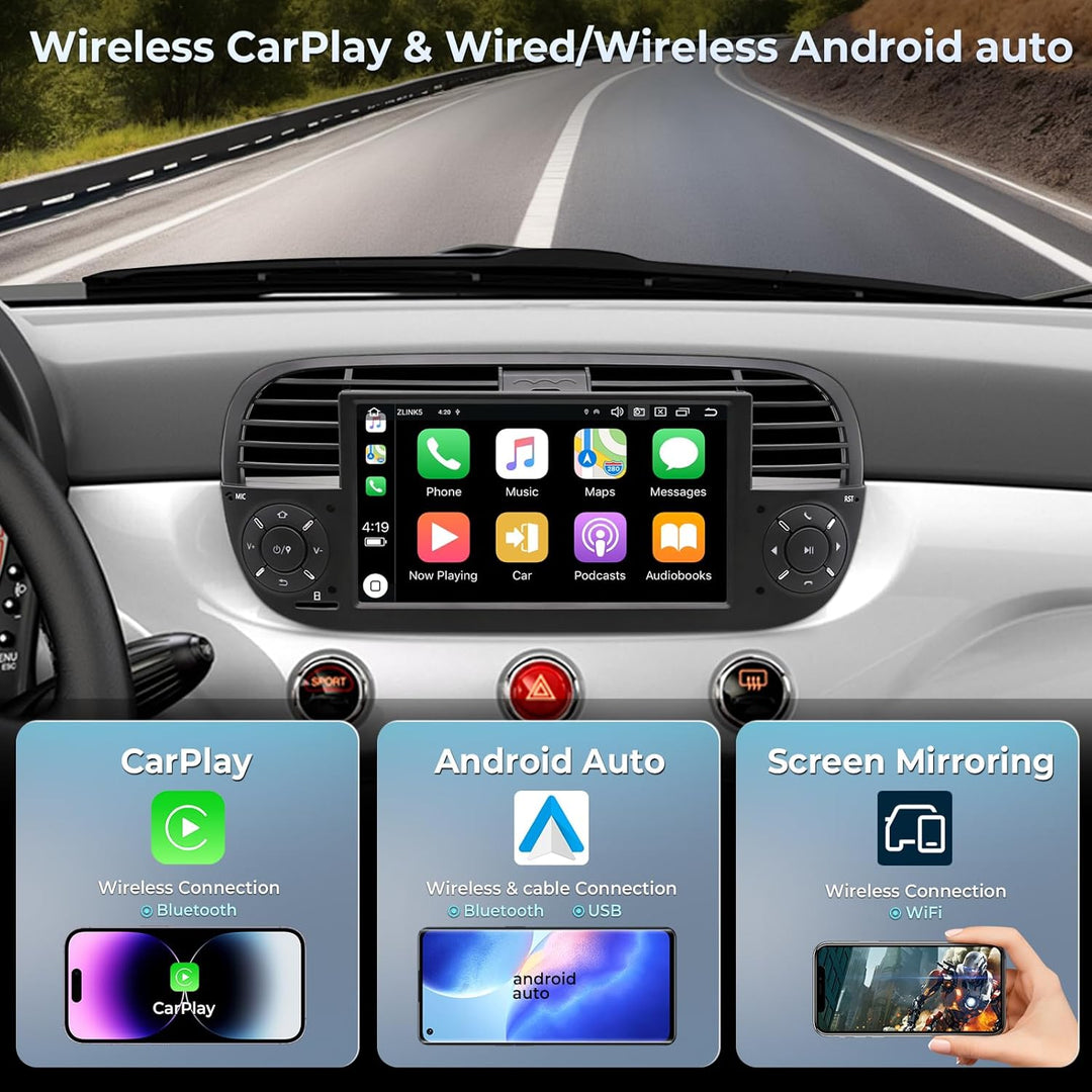 Android Autoradio für FIAT 500 2007-2015, 7-Zoll Radio 2+32GB Headunit mit kabellosem Carplay/Androi