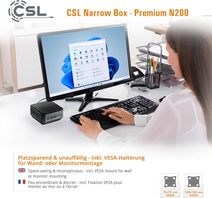 Mini PC CSL Narrow Box Premium Windows 11 Home lüfterlos, Intel N200 4X 3700 MHz Turbotakt, 500 GB M