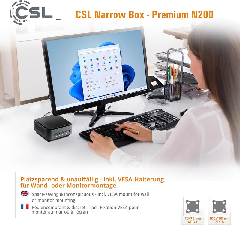 Mini PC CSL Narrow Box Premium Windows 11 Pro lüfterlos, Intel N200 4X 3700 MHz, 500 GB M.2 SSD, 16