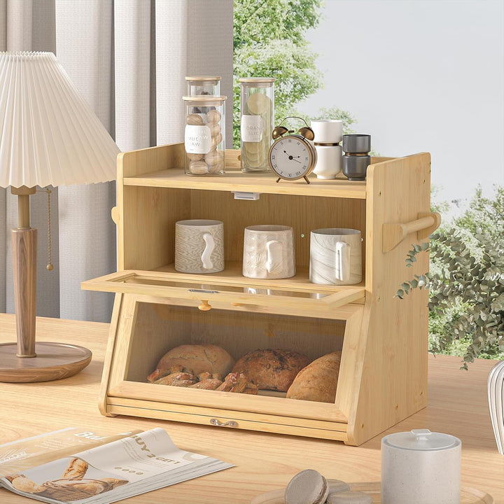 Brotkasten Bambus 2 Etagen, Bambus Brotkasten Holz mit Schneidebrett, Eco Brotbox Brotkorb mit Belüf