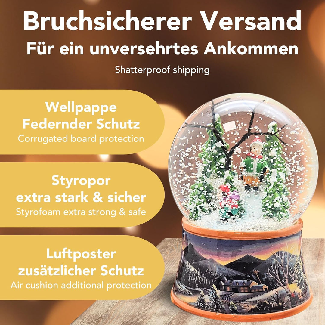 Schneekugel Weihnachten mit Musik | Nostalgische Skifahrer | Sockel Winterlandschaft Ocker| H: 14cm