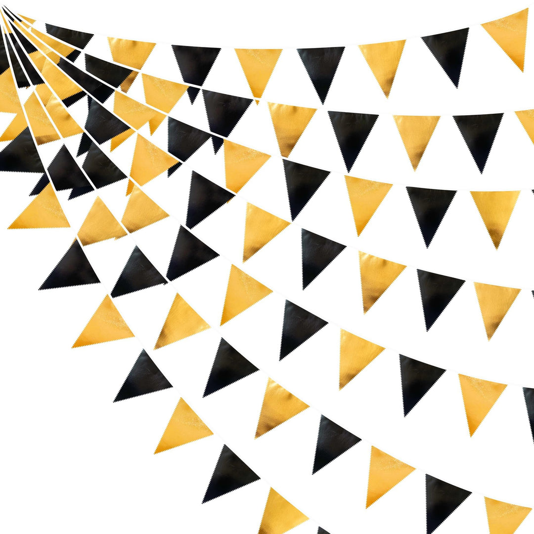 32Ft Schwarz-Goldene Partydekorationen Flagge Wimpelkette Metallischem Stoff Girlande für Geburtstag