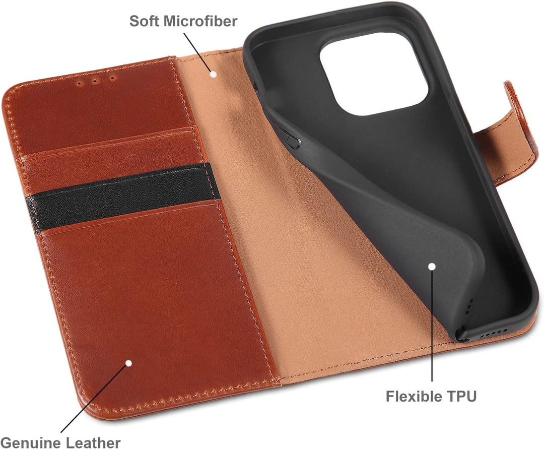 LENSUN Echtleder Hülle für iPhone 14, Leder Handyhülle [Kartenfach][Magnetverschluss][RFID Schutz] H