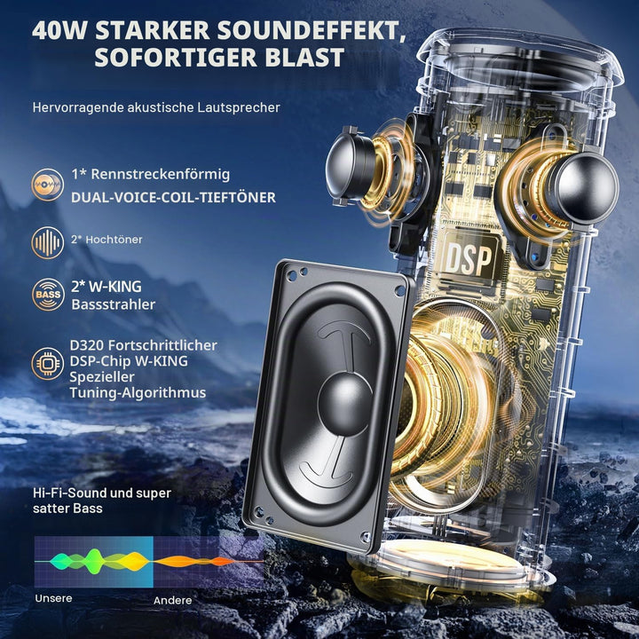 W-KING Bluetooth Lautsprecher Box, IPX7 Musikbox Lautsprecher Boxen Bluetooth Outdoor Tragbarer, Ang