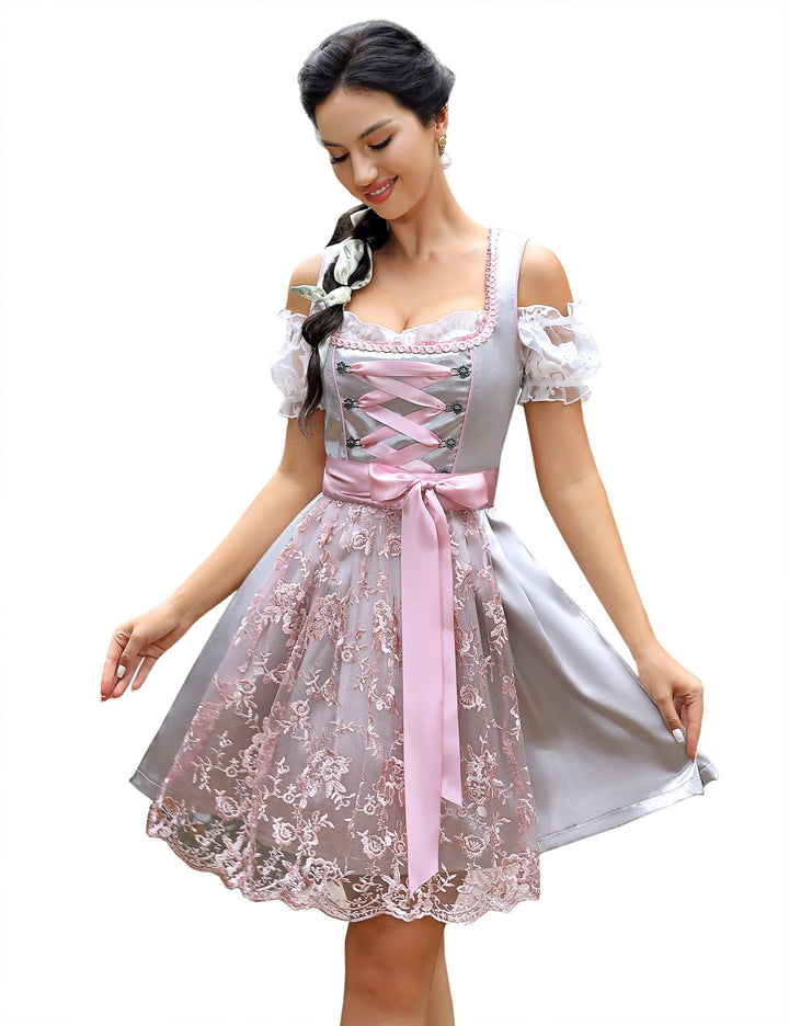 KOJOOIN Damen Dirndl Trachtenkleid Kurz Set 3tlg. für Oktoberfest inkl. Dirndl Kleid,Dirndlschürze,D