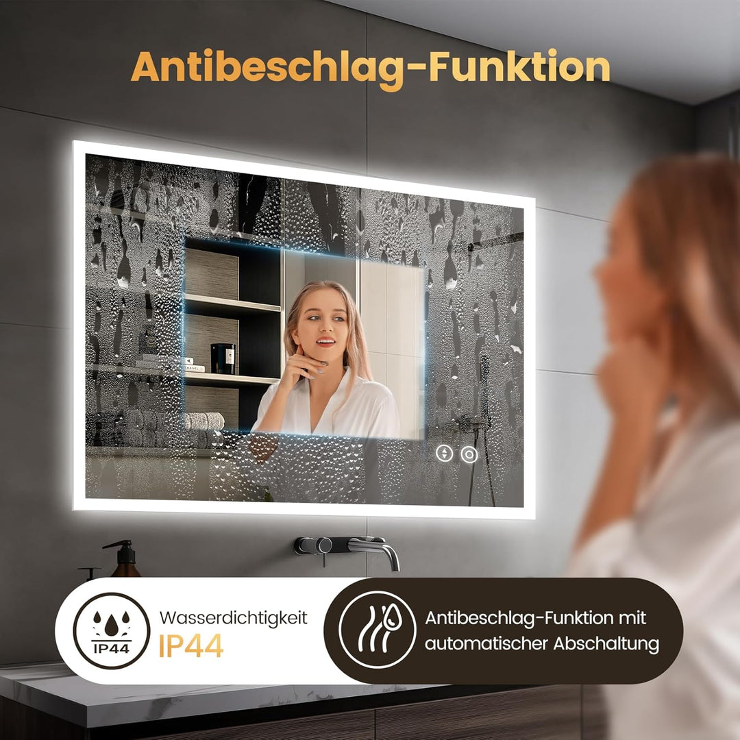 YOLEO Badspiegel mit Beleuchtung 100x80cm, Badezimmerspiegel LED mit Steckdose, Wandspiegel mit Touc