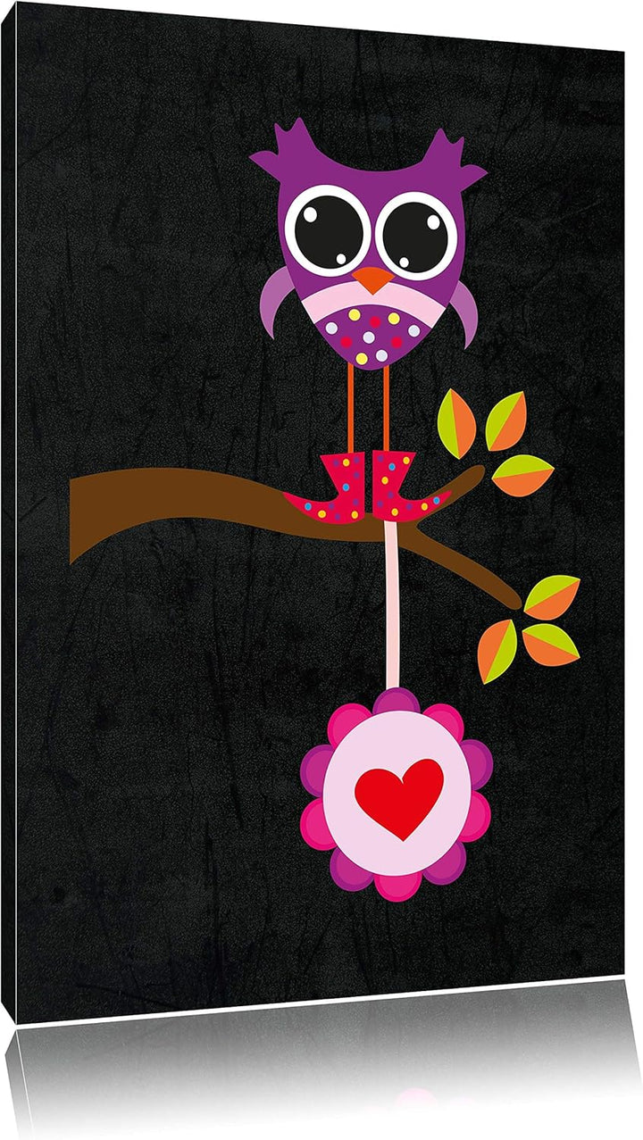 Pixxprint Süsse Eule auf AST mit Anhänger als Leinwandbild/Grösse: 100x70 cm/Wandbild/Kunstdruck/fer