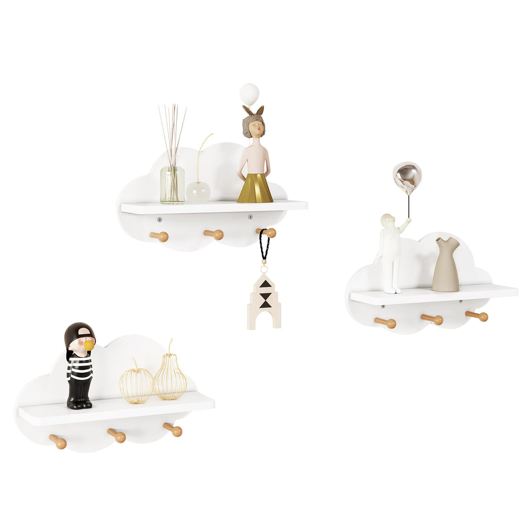 WOLTU 3er Set Wolkenregal, Kinder Garderobenhaken, Wandregal mit Haken, Hängeregal, Schweberegal wei