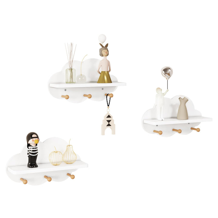WOLTU 3er Set Wolkenregal, Kinder Garderobenhaken, Wandregal mit Haken, Hängeregal, Schweberegal wei