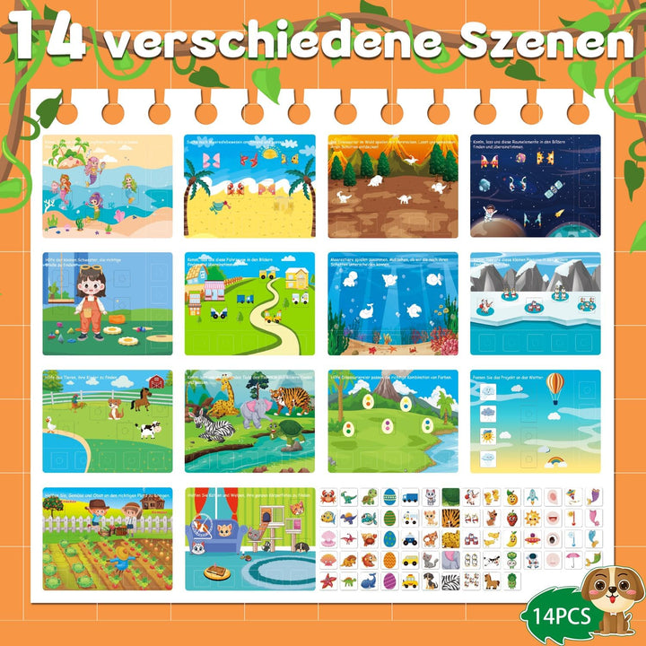 Montessori Spielzeug Book ab 3 4 Jahr,Busy Book für Kinder mit Klettverschluss-Aufklebern,14 Themenb