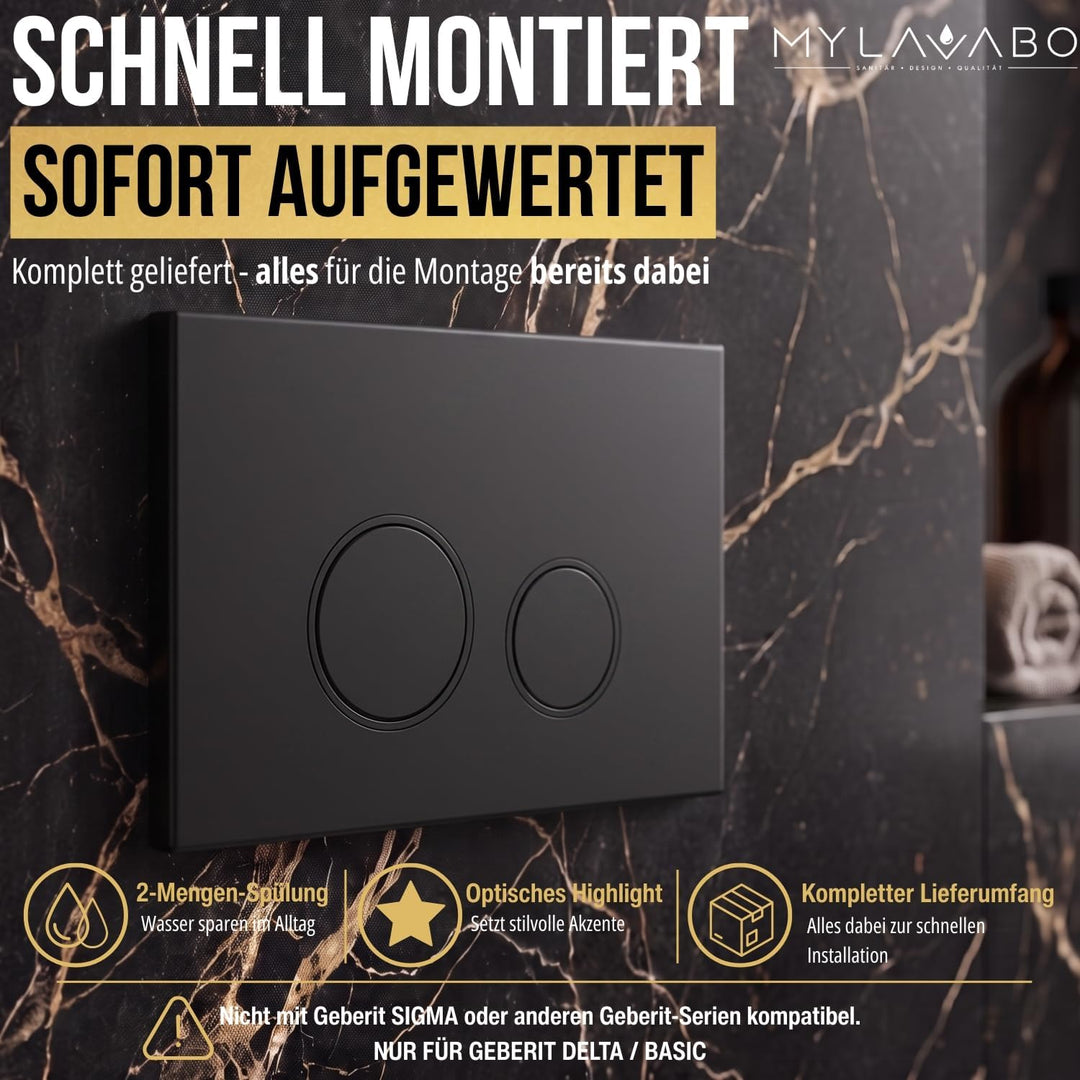 Drücker- & Betätigungsplatte passend für Geberit Delta (Kunststoff, schwarz, schwarze Ringe) | sw-sw
