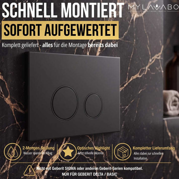 Drücker- & Betätigungsplatte passend für Geberit Delta (Kunststoff, schwarz, schwarze Ringe) | sw-sw