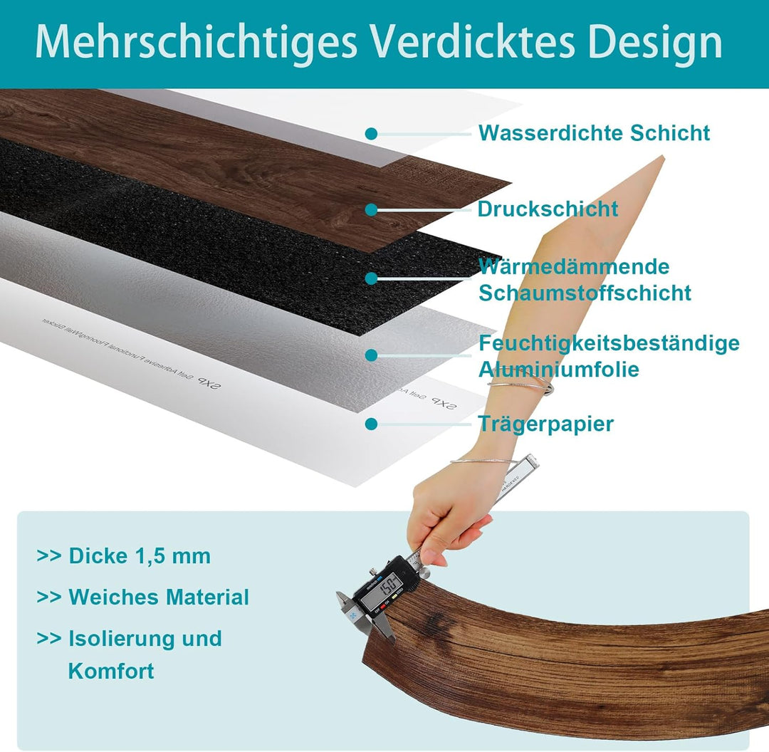 Oxdigi PVC Bodenbelag Selbstklebende 1.6m², Verdickt Holzoptik Vinylboden Bodenfliesen für Eingangst