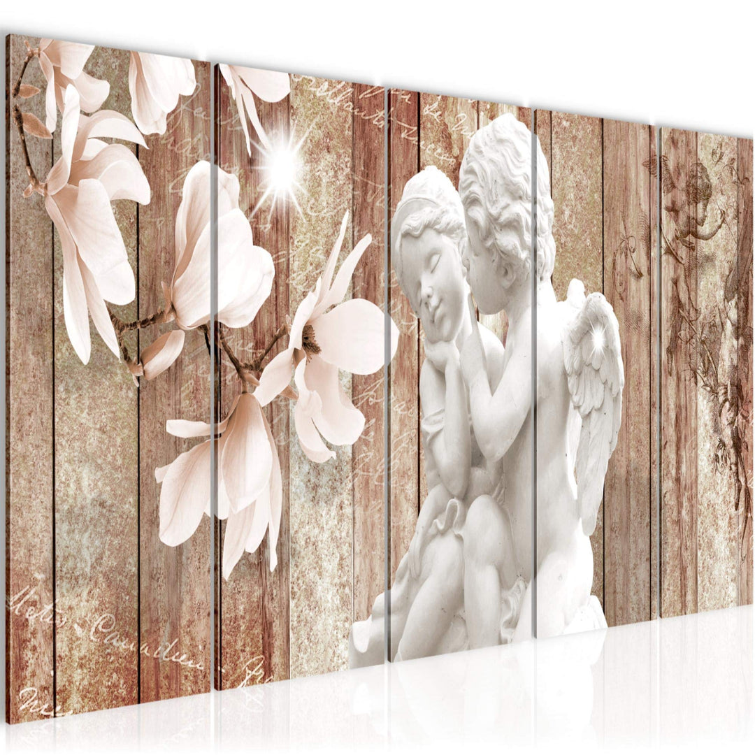 Runa Art Wandbild XXL Engel Blumen Wohnzimmer Schlafzimmer 200 x 80 cm Braun 5 Teilig - Made in Germ