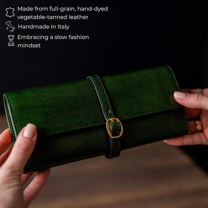 Time Resistance Grün Leder Schmuck Organizer – 100% Leder Schmuckrolle für Reisen Hergestellt in Ita