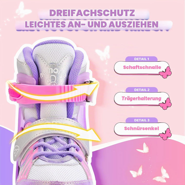 NEMONE Rollschuhe für Mädchen Kinder 4 Grössen Verstellbar Blau Violett Rollschuhe für Kinder Drinne