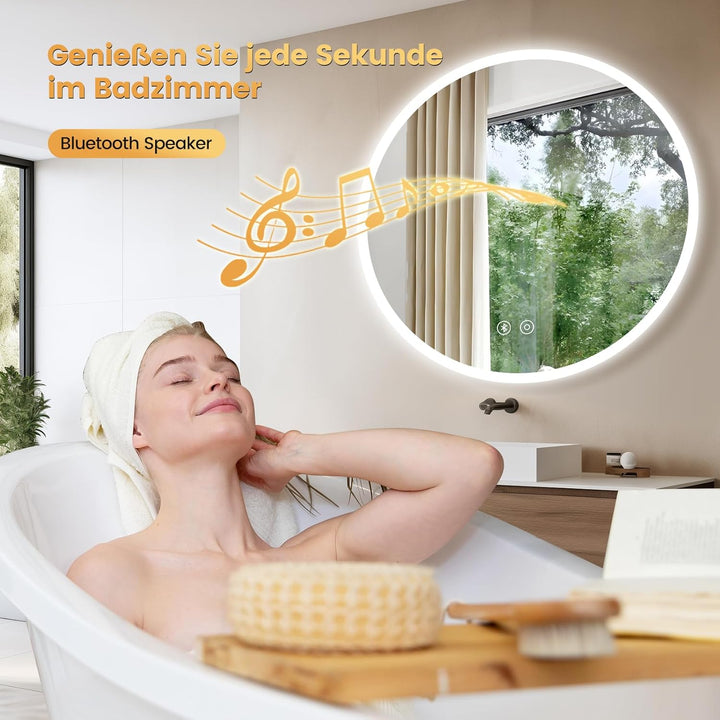 YOLEO Badspiegel mit Beleuchtung rund 70cm, Badezimmerspiegel LED mit Bluetooth-Lautsprecher, Wandsp