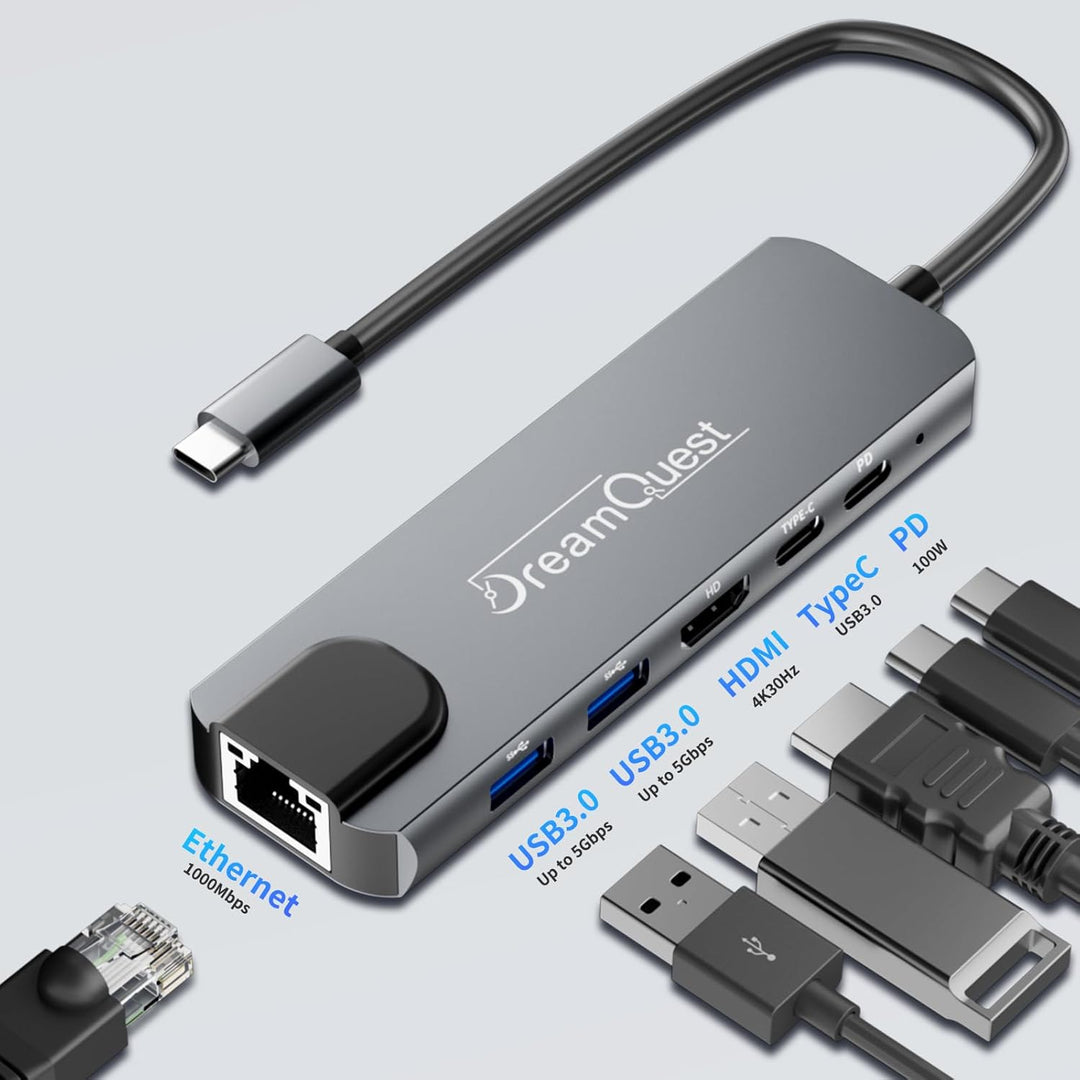 DreamQuest USB-C Hub 6-in-1 Docking Station mit 1000Mbps Netzwerkkarte,4K HDMI Port,PD 100W,USB 3.2