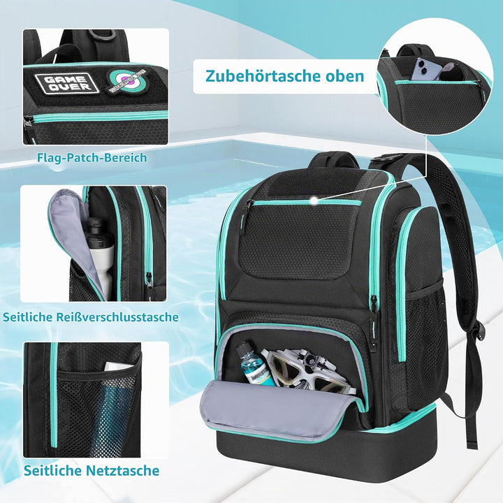GOBUROS Schwimmtasche für Schwimmer mit Schuhfach, Schwimm Rucksack | Schwimmtasche mit mehreren Fäc