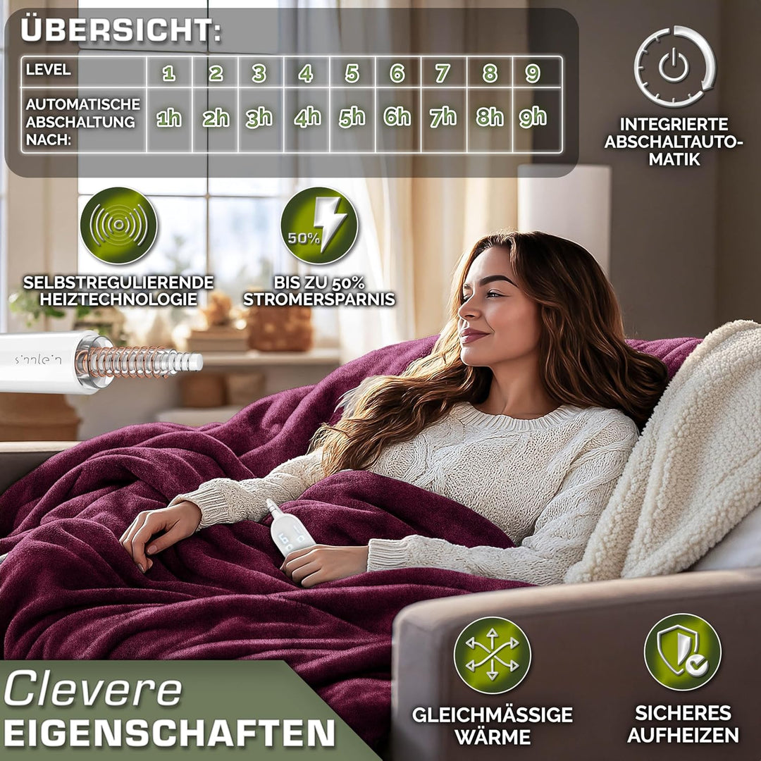 Heizdecke mit Abschaltautomatik 180 x 130 cm | Elektrische Wärmedecke mit 9 Temperaturstufen | Kusch