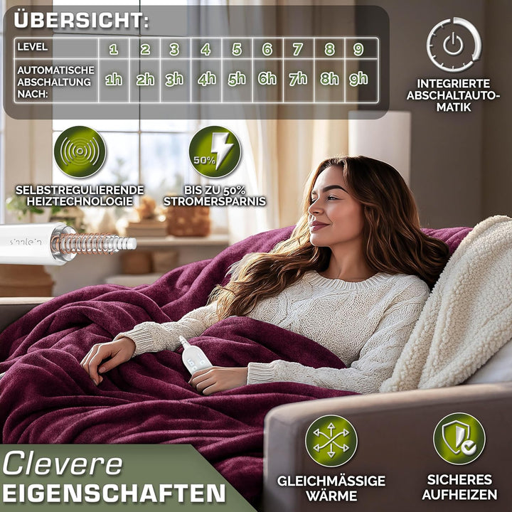 Heizdecke mit Abschaltautomatik 180 x 130 cm | Elektrische Wärmedecke mit 9 Temperaturstufen | Kusch